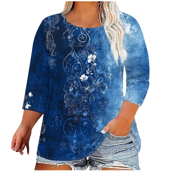 Jsaierl 3/4 Sleeve Plus Size Womens Tops Casual Round Neck Shirts Dressy Graphic Petite Blouses Soft Cotton T-shirts Top L-5XL