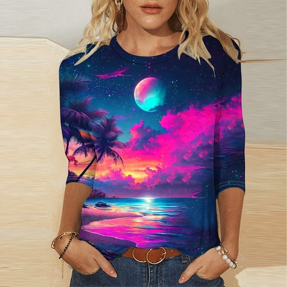 Jsaierl 3/4 Sleeve Tops for Women Casual Crew Neck Shirts Trendy Graphic Petite Blouses Classic Loose Fit T-shirts Top S-5XL