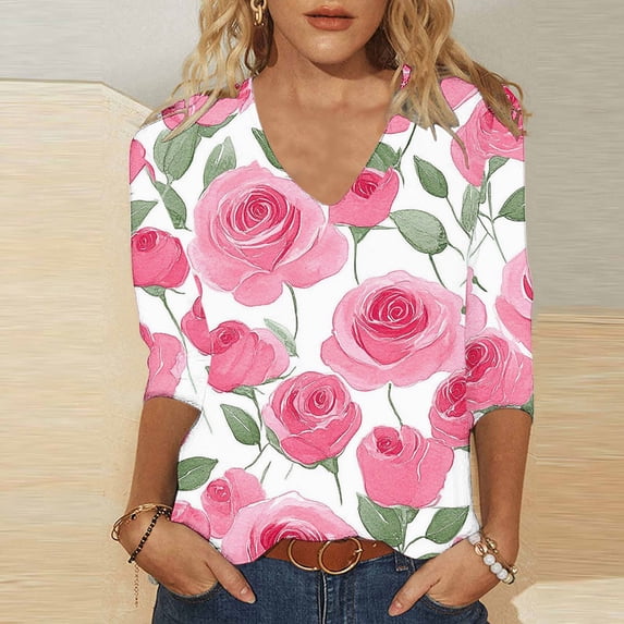 Jsaierl 3/4 Sleeve Tops for Women Casual V Neck Shirts Trendy Print Petite Blouses Flowy Loose Fit Tunic Top S-5XL