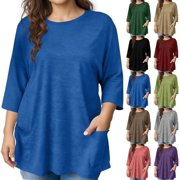 Jsaierl 3/4 Sleeve Tops for Women Plus Size Casual Crewneck Tshirts Spring Summer Loose fit Tunics Shirts with Pockets