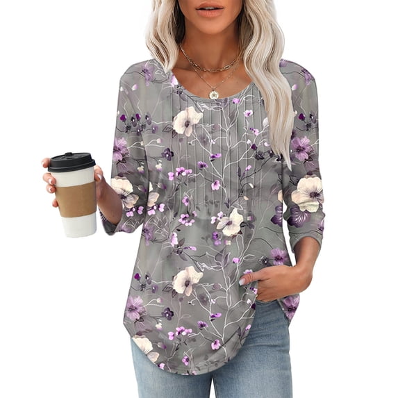 Jsaierl 3/4 Sleeve Tops for Women Plus Size Crew Neck Shirts Trendy Print Ladies Pleated Blouses Flowy Cotton Tunic Top S-2XL