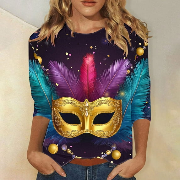 Jsaierl 3/4 Sleeve Tops for Women Plus Size Mardi Gras Mask Graphic Shirts Funny Crewneck T Shirt Blouses Trendy Carnival Themed T-shirts