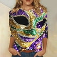 thumbnail image 1 of Jsaierl 3/4 Sleeve Tops for Women Plus Size Mardi Gras Mask Graphic Shirts Funny Crewneck T Shirt Blouses Trendy Carnival Themed T-shirts, 1 of 5