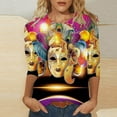 thumbnail image 1 of Jsaierl 3/4 Sleeve Tops for Women Plus Size Mardi Gras Mask Graphic Shirts Funny Crewneck T Shirt Blouses Trendy Carnival Themed T-shirts, 1 of 5