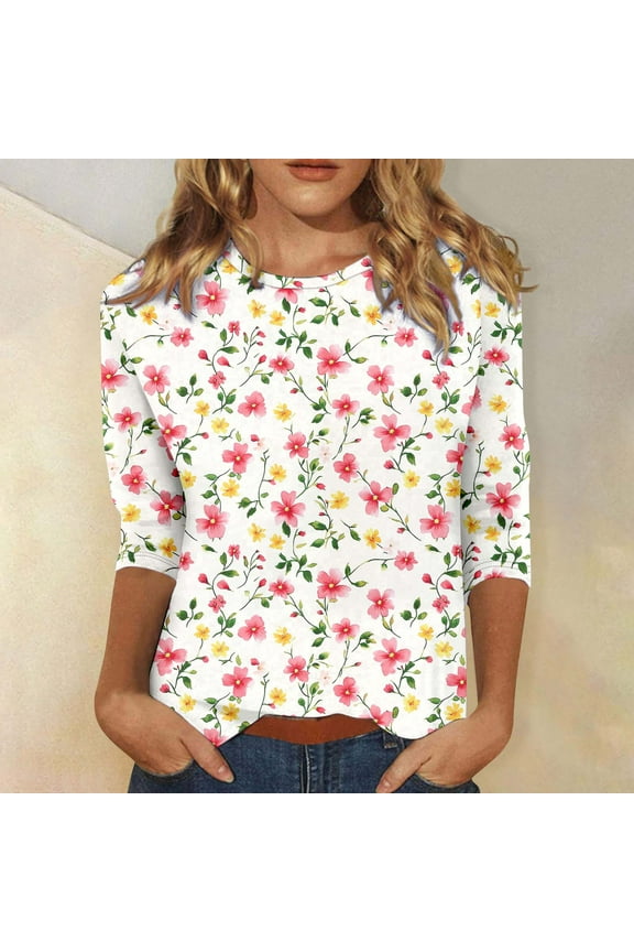 3/4 Sleeve Tops for Women Summer Crew Neck Shirts Boho Floral Petite Blouses Going Out Elegant Tunic Top S-2XL