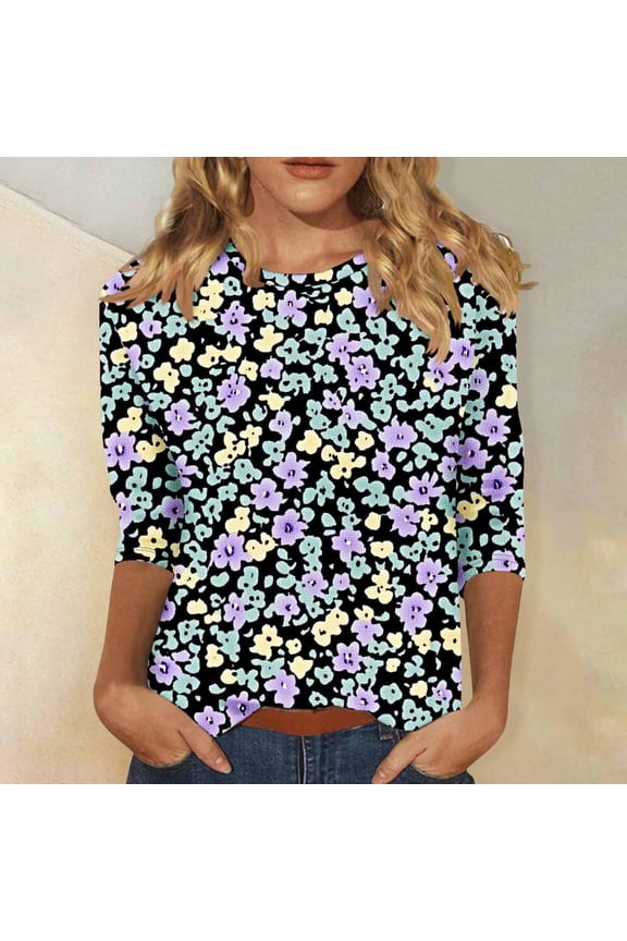 3/4 Sleeve Tops for Women Summer Round Neck Shirts Boho Print Petite Blouses Work Cotton Tunic Top S-5XL