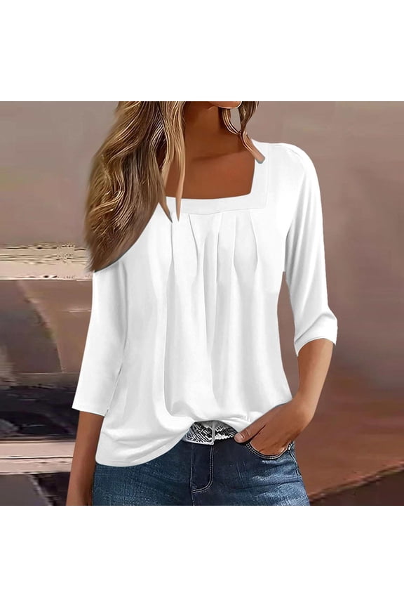 3/4 Sleeve Tops for Women Summer Round Neck Shirts Boho Solid Petite Pleated Blouses Flowy Dressy T-shirts Top S-3XL