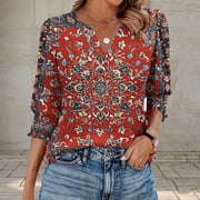 Jsaierl 3/4 Sleeve Tops for Women Summer V Neck Shirts Trendy Print Petite Blouses Work Holiday T-shirts Top S-2XL