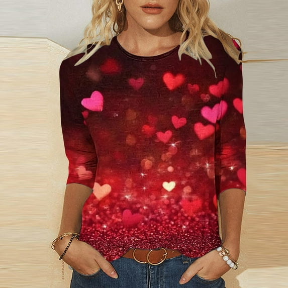 Jsaierl Valentine Shirts for Women Plus Size Cute Love Heart Print Tops 3/4 Sleeve Dressy Casual Blouse Crewneck Tshirts Romantic Gifts for Her