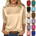 thumbnail image 1 of Jsaierl 3/4 Sleeve Womens Silk Satin Tops Casual Crew Neck Shirts Dressy Solid Petite Blouses Workout Vacation Tunic Top S-2XL, 1 of 10