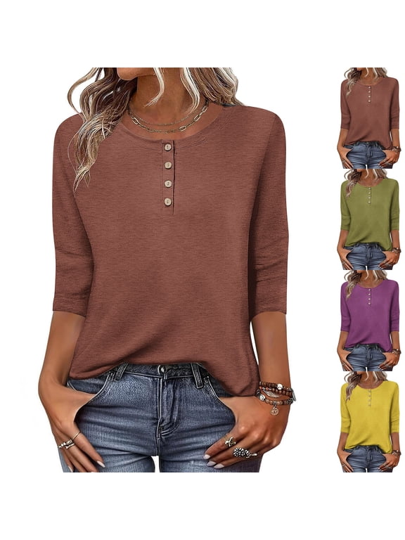 3/4 Sleeve Womens Tops Casual Button Up Round Neck Shirts Cute Solid Petite Blouses Work Vacation Tunic Top S-2XL