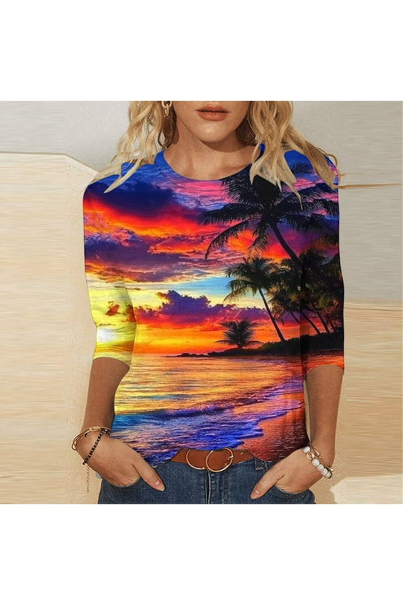 3/4 Sleeve Womens Tops Casual Crew Neck Shirts Boho Print Petite Blouses Going Out Elegant Tunic Top S-5XL