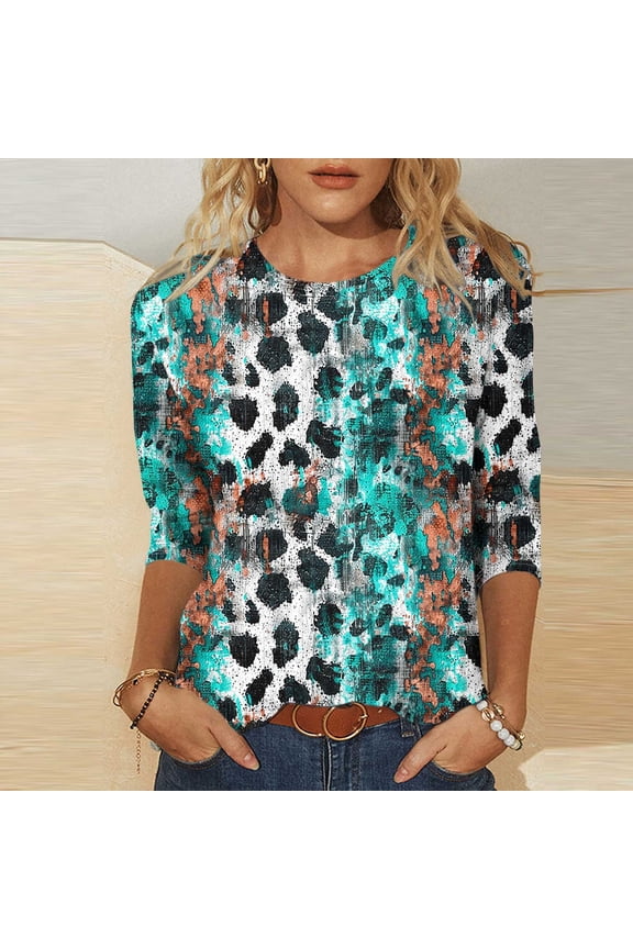 3/4 Sleeve Womens Tops Casual Crew Neck Shirts Retro Graphic Petite Blouses Classic Loose Fit T-shirts Top S-5XL
