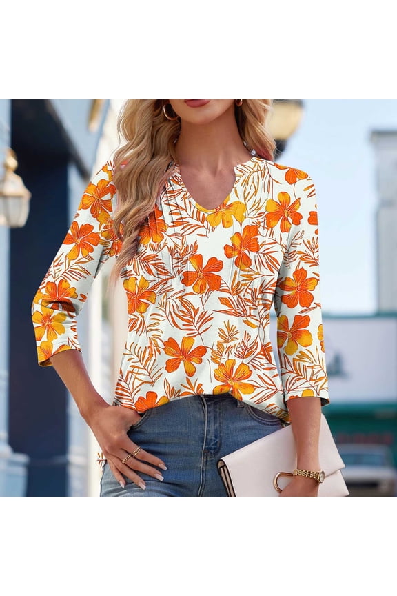 3/4 Sleeve Womens Tops Plus Size V Neck Shirts Boho Graphic Petite Pleated Blouses Classic Loose Fit Tunic Top S-2XL