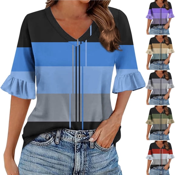 Jsaierl 3/4 Sleeve Womens Tops Plus Size V Neck Shirts Ruffle Trim Fashion Striped Petite Blouses Flowy Loose Fit Tunic Top S-2XL