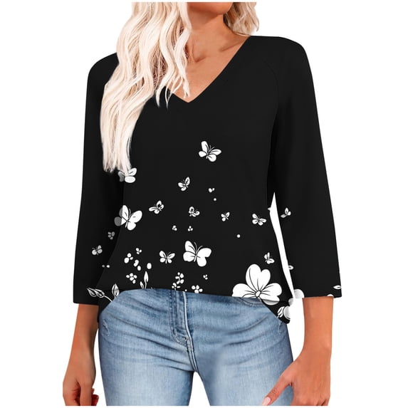 Jsaierl 3/4 Sleeve Womens Tops Plus Size V Neck Shirts Trendy Graphic Petite Blouses Flowy Vacation Tunics Raglan Top S-3XL