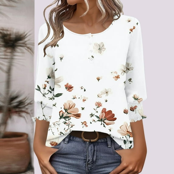 Jsaierl 3/4 Sleeve Womens Tops Summer Button Up Round Neck Shirts Cute Graphic Ladies Blouses Workout Vacation Tunic Top S-2XL