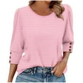 thumbnail image 1 of Jsaierl 3/4 Sleeve Womens Tops Summer Button Up Round Neck Shirts Cute Striped Ladies Blouses Going Out Dressy T-shirts Top S-3XL, 1 of 7