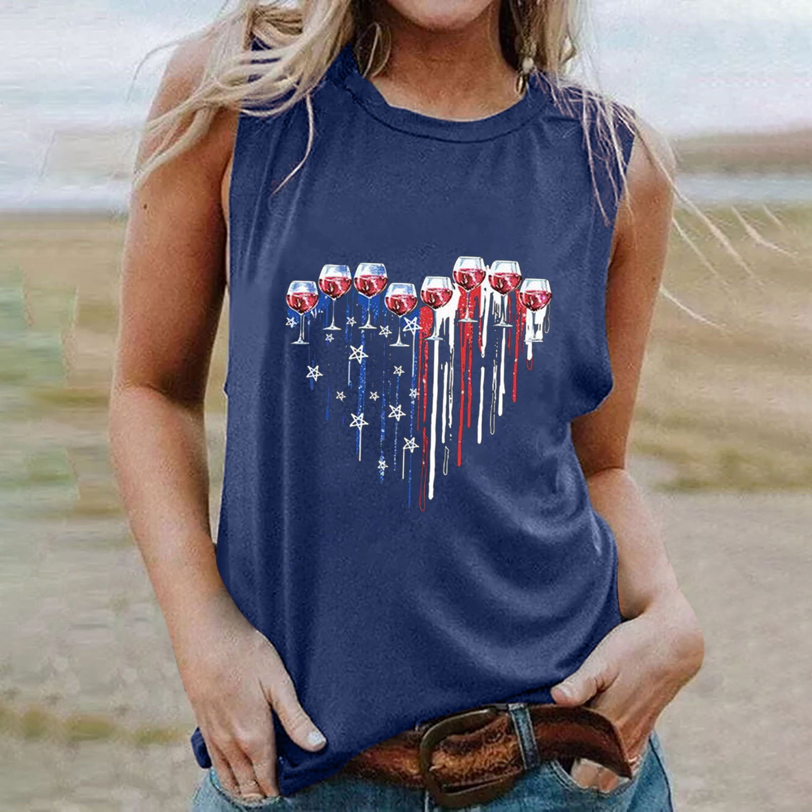 Jsaierl 4th of July Tops Women Summer Cute Sleeveless Tank Top Patriotic Red White and Blue Graphic Camisole Lightweight Crewneck Blouses Vest