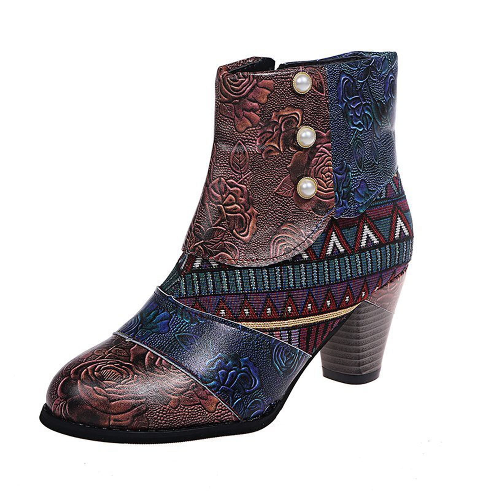 Jsaierl Ankle Cowboy Boots for Women Fashion Western Leather Round Toe
