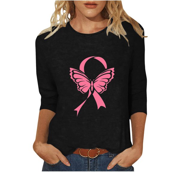 Jsaierl Breast Cancer Shirts Women Pink Ribbon Graphic Tees Funny 3/4 Sleeve Tops Plus Size Tunic Blouses Breast Cancer Survivor Gifts T Shirts
