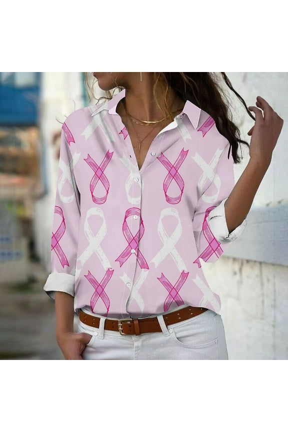 Breast Cancer Shirts Women Pink Ribbon Graphic Tees Funny Long Sleeve Tops Button Down Cute Tunic Blouses Strong Breast Cancer Awareness T-shirts