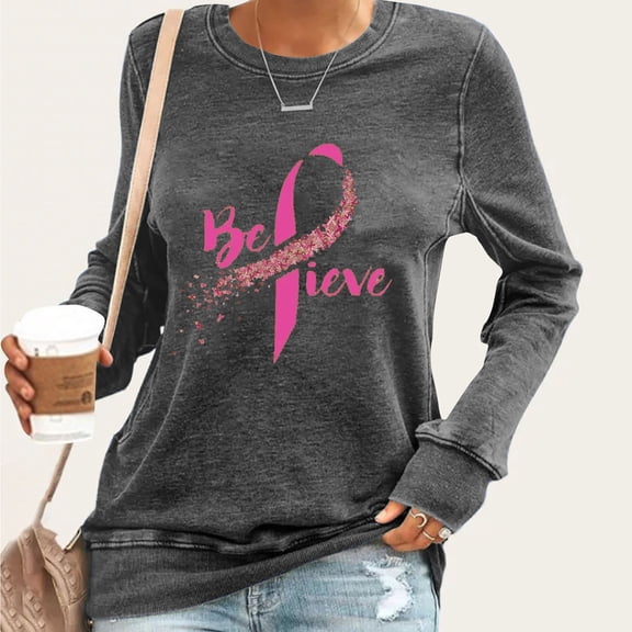 Jsaierl Breast Cancer Shirts Women Pink Ribbon Graphic Tees Funny Long Sleeve Tops Cute Tunic Blouses Breast Cancer Survivor Gifts T-shirts