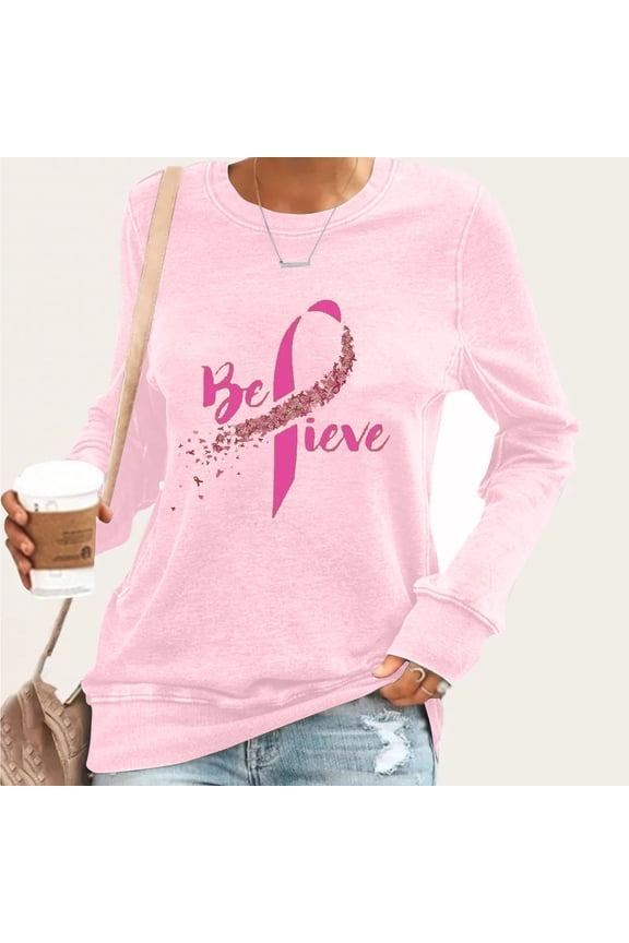 Breast Cancer Shirts Women Pink Ribbon Graphic Tees Funny Long Sleeve Tops Cute Tunic Blouses Breast Cancer Survivor Gifts T-shirts