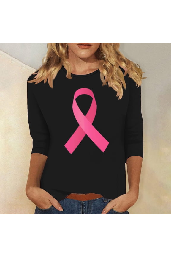 Breast Cancer Shirts Women Pink Ribbon Print Tees Funny 3/4 Sleeve Tops Dressy Casual Tunic Blouses Breast Cancer Awareness T-shirts