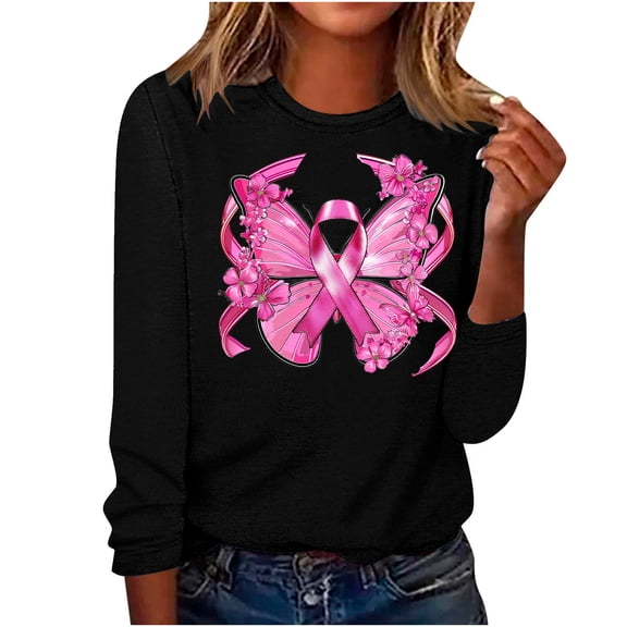 Jsaierl Breast Cancer Shirts for Women Pink Ribbon Graphic Tees Funny Long Sleeve Tops Plus Size Tunic Blouses Breast Cancer Warrior T Shirts