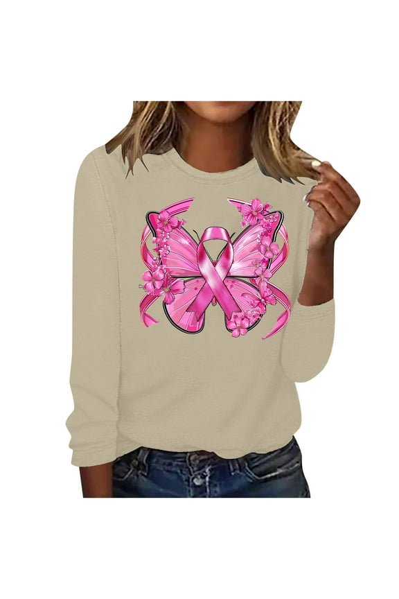Breast Cancer Shirts for Women Pink Ribbon Graphic Tees Funny Long Sleeve Tops Plus Size Tunic Blouses Breast Cancer Warrior T Shirts