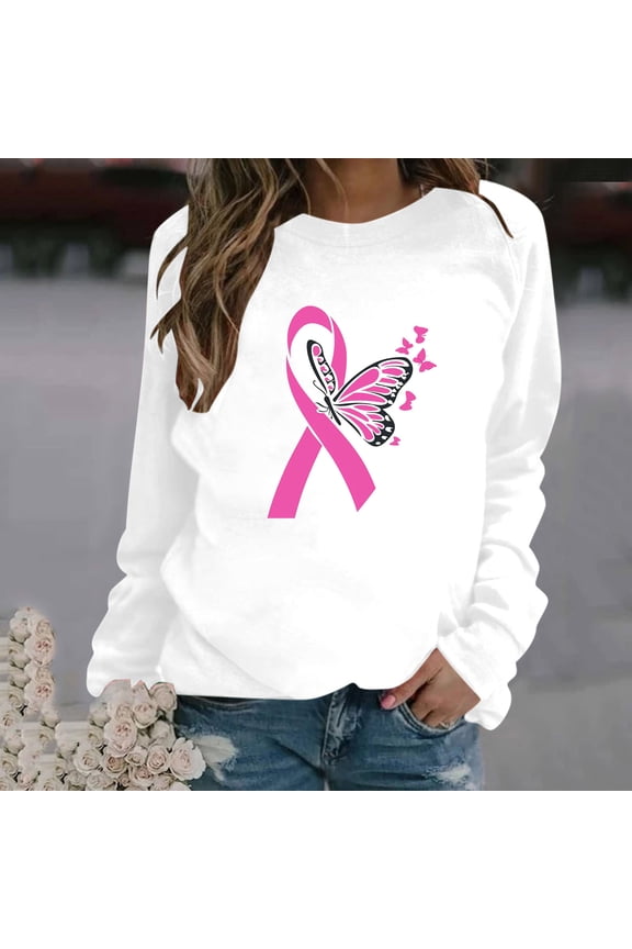 Breast Cancer Sweatshirts for Women Pink Ribbon Print Sweatshirt Funny Long Sleeve Tops Plus Size Tunic Pullovers Hope and Support Shirts
