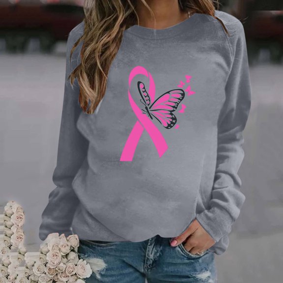 Jsaierl Breast Cancer Sweatshirts for Women Pink Ribbon Print Sweatshirt Funny Long Sleeve Tops Plus Size Tunic Pullovers Hope and Support Shirts