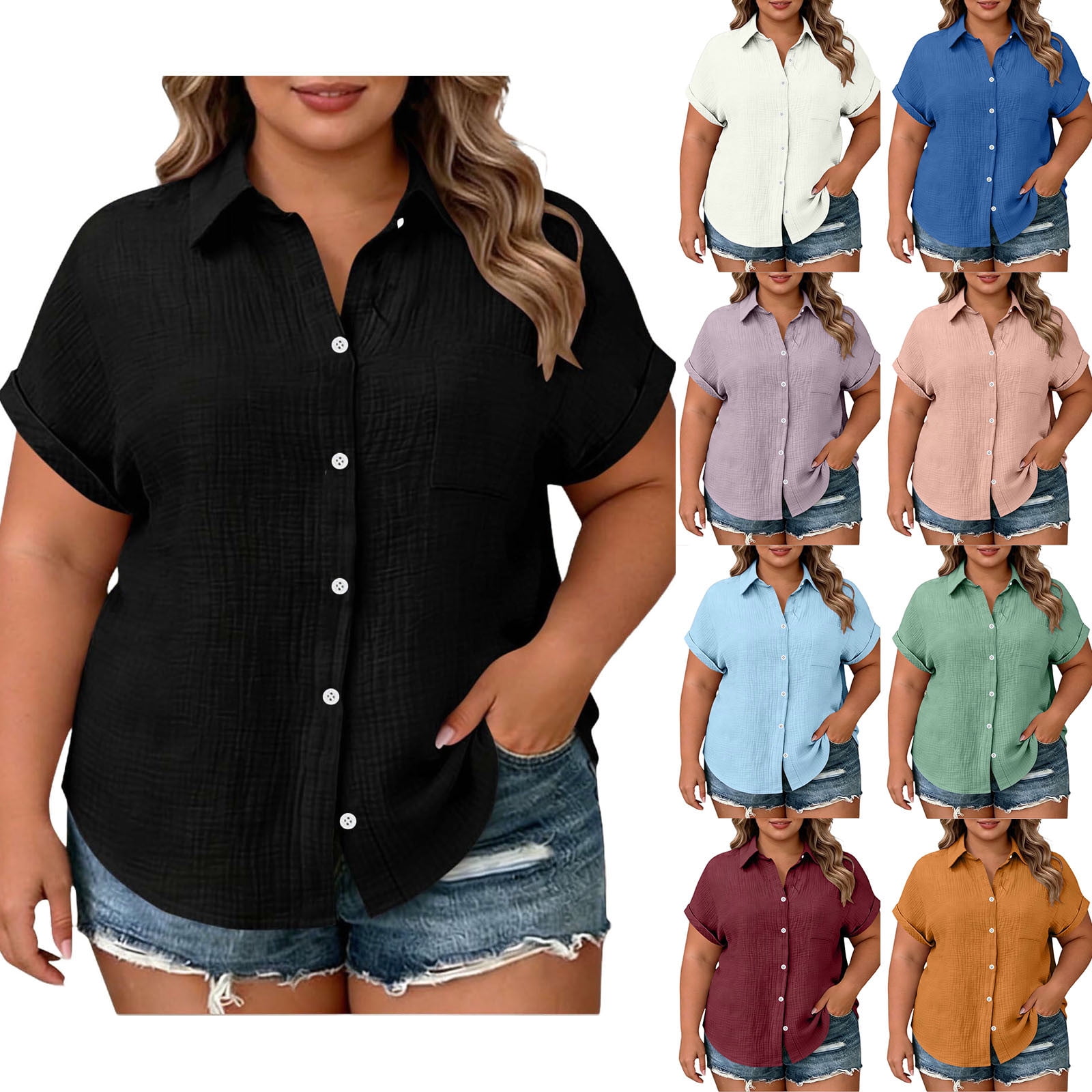 Jsaierl Button Down Shirts for Women Plus Size Roll up Short Sleeve ...