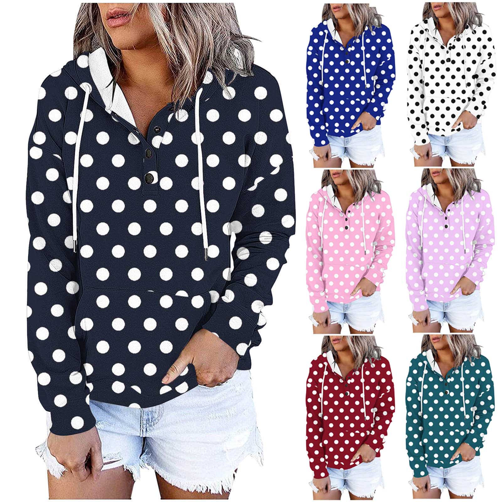 Jsaierl Button Up Hoodies for Women Cute Polka Dot Print Hooded Sweatshirt Oversized Pullover Comfort Long Sleeve Tops Winter Fashion S-2XL