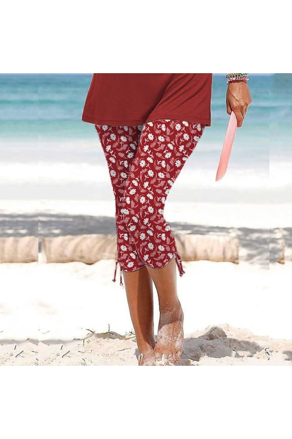 Capri Leggings for Women Ladies Summer Casual Drawstring Printed Cropped Pants