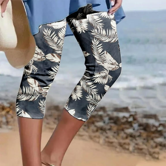 jsaierl Capri Pants Women Plus Size Elastic Waist Capri Shorts Ladies Wide Leg Drawstring Skimmers Yoga Print Stretch Capris Capri for Women