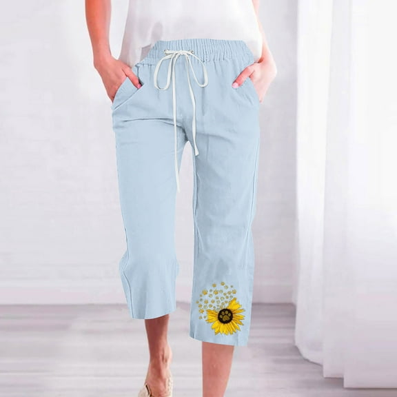 Jsaierl Capri Pants Women Summer High Waist Capri Shorts Ladies Wide Leg Cotton Skimmers Beach Print Lightweight Capris Summer Capris for Women