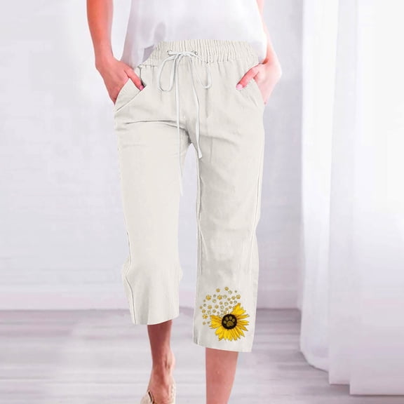 Jsaierl Capri Pants Women Summer High Waist Capri Shorts Ladies Wide Leg Cotton Skimmers Beach Print Lightweight Capris Summer Capris for Women