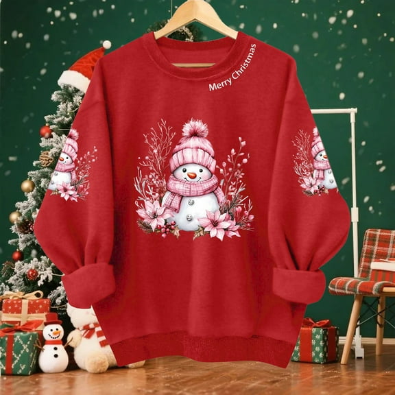 Jsaierl Christmas Fleece Sweatshirts Women Cute Christmas Graphic Sweatshirt Soft Pullover Sweater Tops Round Neck Tunic Long Sleeve Shirts Christmas Gifts