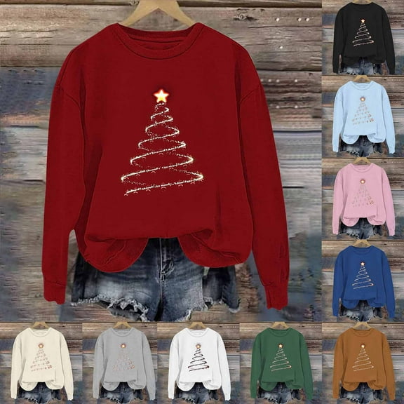 Jsaierl Christmas Fleece Sweatshirts for Women Funny Christmas Graphic Sweatshirt Trendy Pullover Sweater Tops Round Neck Tunic Long Sleeve Shirts Christmas Gifts