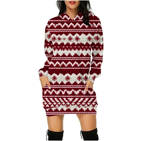 Jsaierl Christmas Hoodie Sweatshirt Dresses Christmas Tree Plaid Snowflake Print Long Sleeve Party Dress Womens Fall Fashion