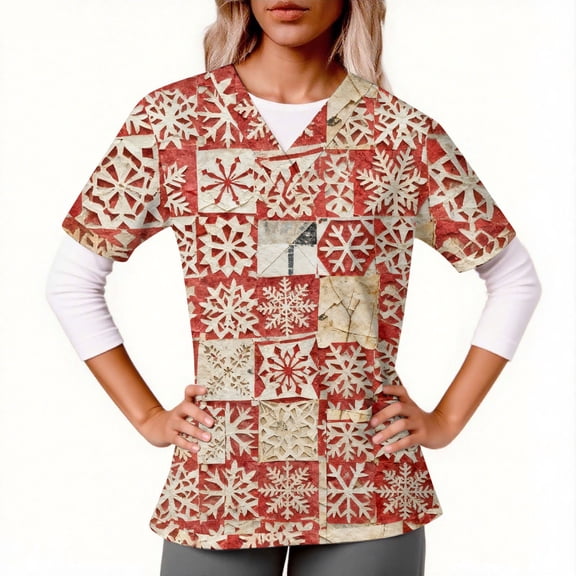 Jsaierl Christmas Scrub Tops for Women Short Sleeve Christmas Pattern Nurse Uniform Working V Neck Shirt Dressy Casual Tees Blouse Top for Women Fashion 2025