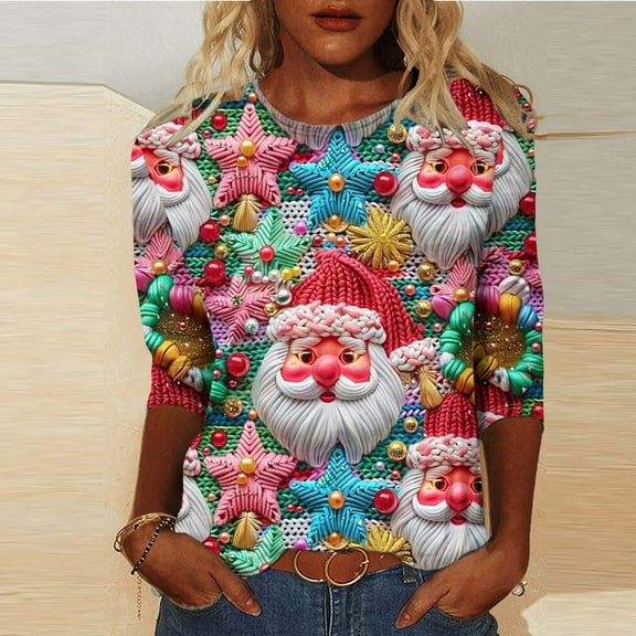 Jsaierl Christmas Shirts Women Plus Size Xmas Graphic Tees Loose Fit Round Neck T-shirt 3/4 Sleeve Tunic Blouse Tops Christmas Clothes