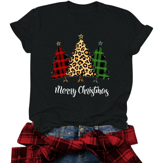 Jsaierl Christmas Shirts for Women Cute Xmas Tree Print T Shirts Casual Crewneck Tunic Festival Outfits Short Sleeve Gift Tops