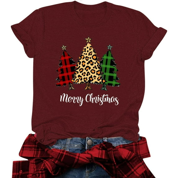 Jsaierl Christmas Shirts for Women Cute Xmas Tree Print T Shirts Casual Crewneck Tunic Festival Outfits Short Sleeve Gift Tops