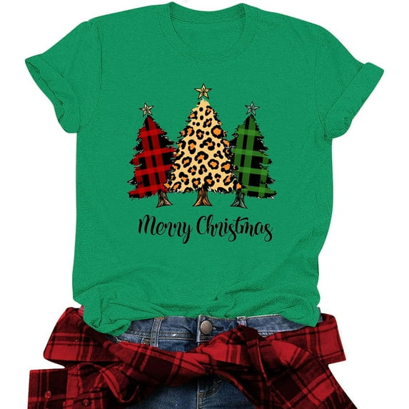 Jsaierl Christmas Shirts for Women Cute Xmas Tree Print T Shirts Casual Crewneck Tunic Festival Outfits Short Sleeve Gift Tops