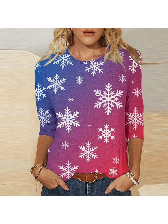 Christmas Shirts for Women Funny Snowflake Graphic Tees Classic Petite Crewneck T-shirt 3/4 Sleeve Tunic Blouse Tops S-5XL