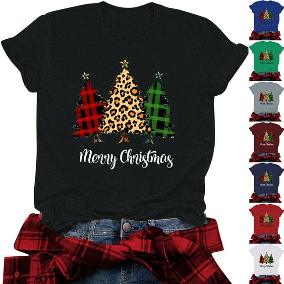 Jsaierl Christmas Shirts for Women Plus Size Christmas Graphic Tees Going Out Round Neck T-shirt Short Sleeve Holiday Blouse Tops Christmas Clothes