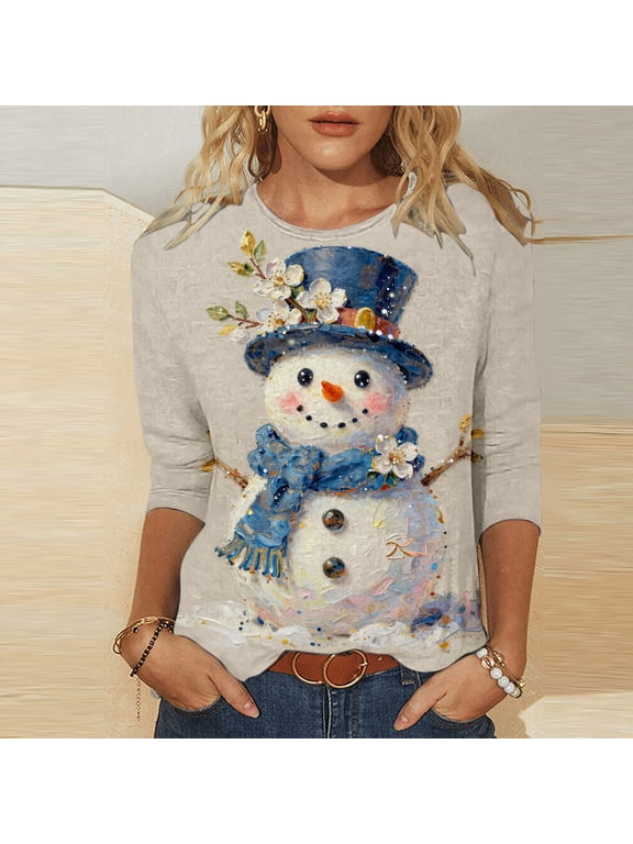 Christmas Shirts for Women Plus Size Snowman Print Tees Classic Petite Round Neck T-shirt 3/4 Sleeve Tunic Blouse Tops S-5XL